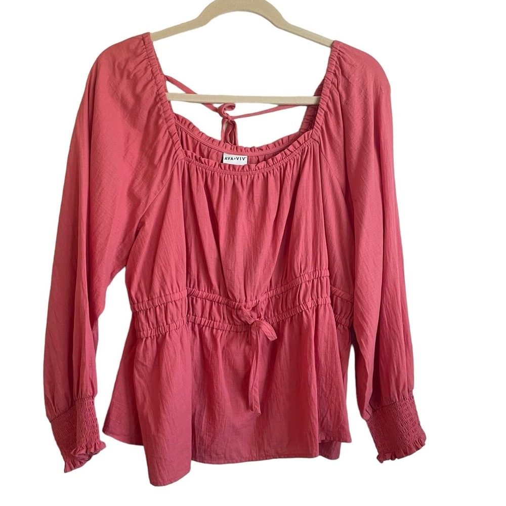 Ava & Viv Women Cottagecore Boho Peplum Top‎ 2X Coral Smocked Tie Back Blouse